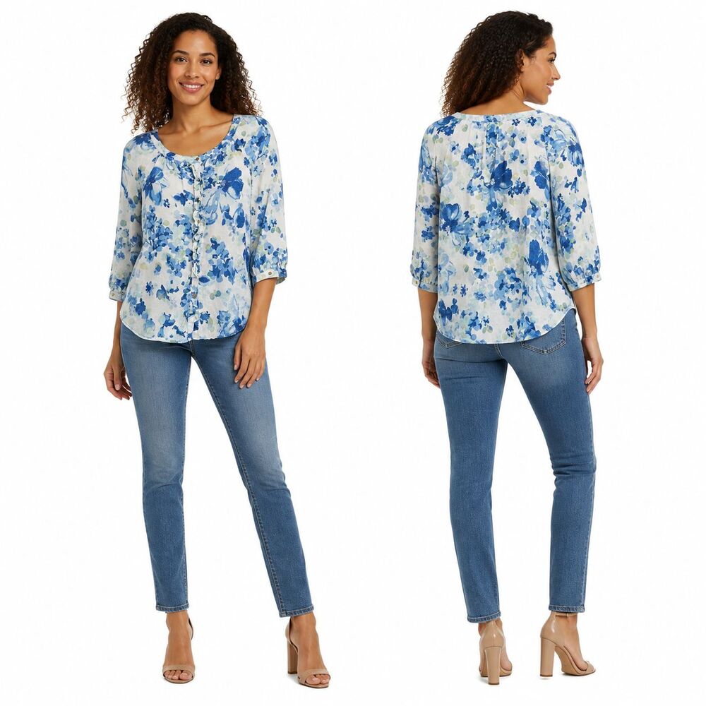 Charter Club 100% Linen Coastal Floral Blouse XS Blue White Ruffle Front Blouse